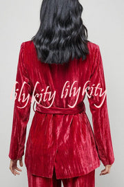 Solid Color Velvet Long-sleeved Waist Tie Top and Elastic Waist Casual Pocket Straight-leg Pants Set
