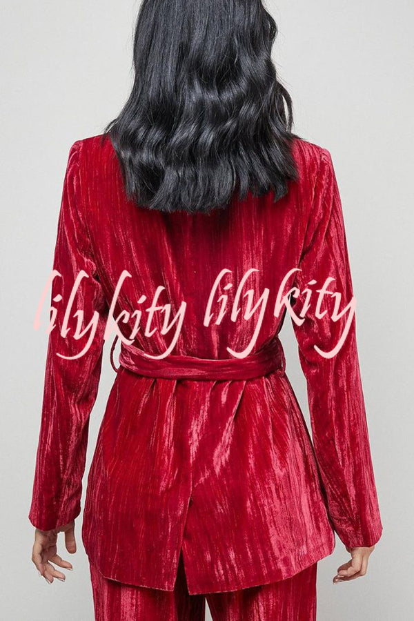 Solid Color Velvet Long-sleeved Waist Tie Top and Elastic Waist Casual Pocket Straight-leg Pants Set