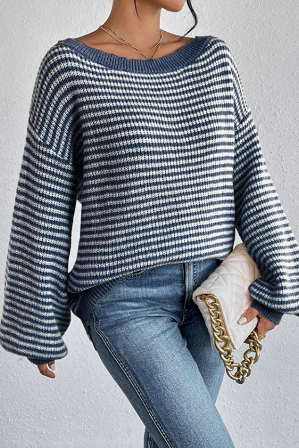 Fashion Striped Loose Long Sleeve Round Neck Knitted Sweater