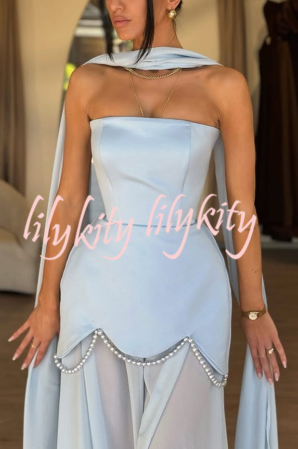 Jiya Satin Petal Hem Pearl Detail Chiffon Cape Strapless Maxi Dress