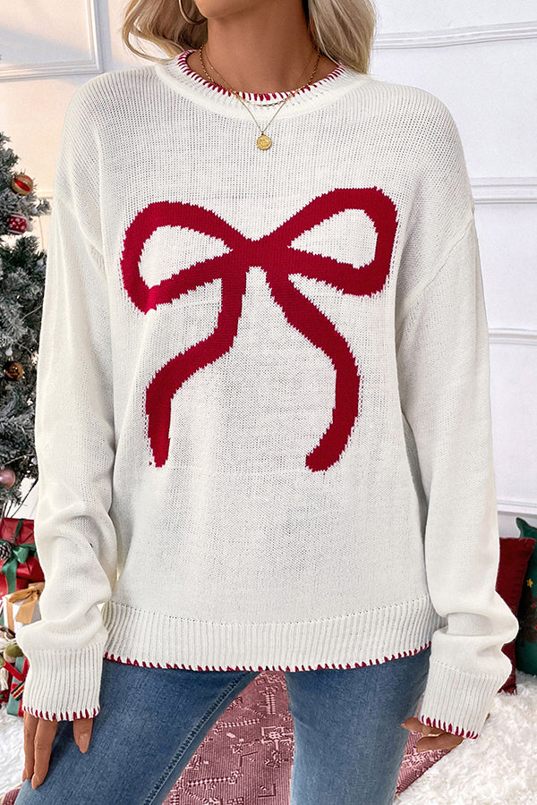 Christmas Contrasting Color Big Bow Round Neck Long Sleeve Loose Knitted Sweater