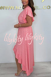 Resort Style V-neck Ruffle Sleeves Waist Tie Irregular Midi Dress