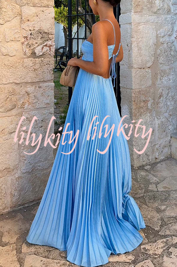 Caught Your Eye Satin Pleated Cross Straps Cutout Flowing Maxi Dress