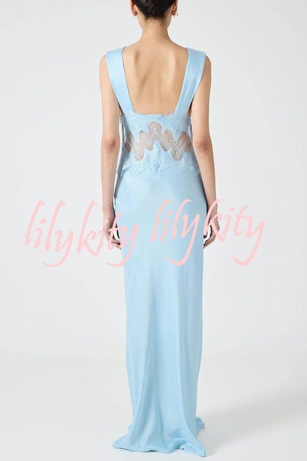 Wonderful Fusion Satin Lace Trim See-through Waist V-neck Drape Maxi Dress