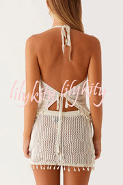 Fashion Knit Hollow Back Top and Embellished Fitted Stretch Beach Mini Skirt Set
