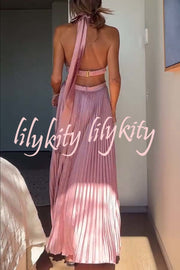 Stunning Choice Satin Pleated Halter High Neck Cutout Waist Backless Maxi Dress