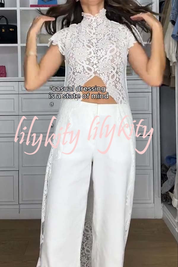 Elegant Personality Floral Lace Short Sleeve Front Slit Maxi Top