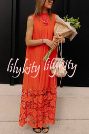Breezy Comfort Tie-up Neck Sleeveless Floral Lace Hem Maxi Dress