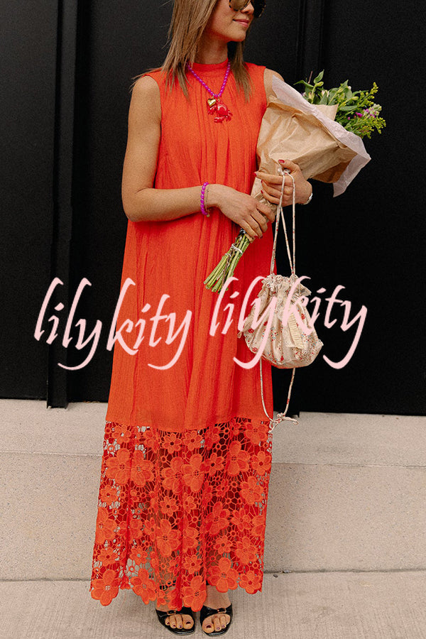 Breezy Comfort Tie-up Neck Sleeveless Floral Lace Hem Maxi Dress