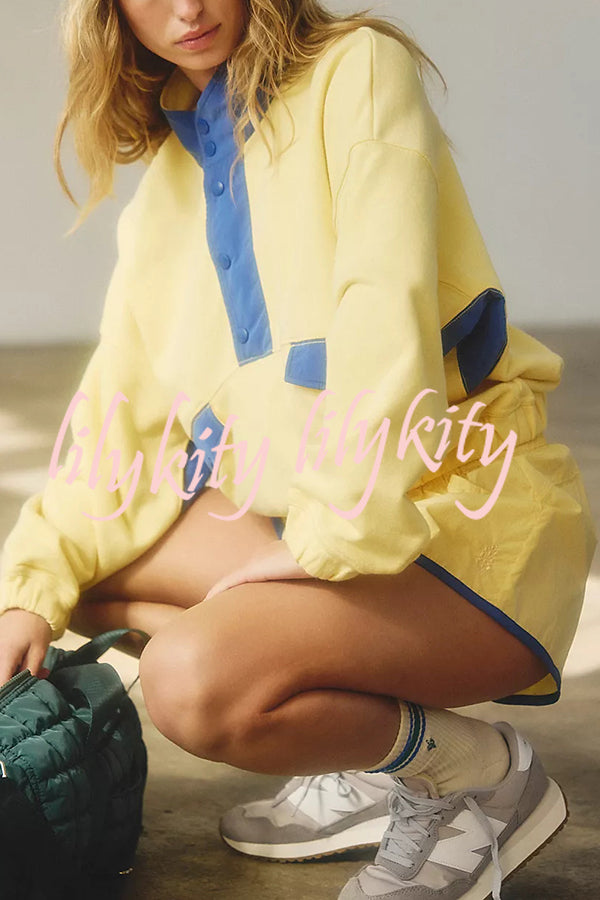 Fashion Contrast Color Stitching Stand Collar Long Sleeve Top and Elastic Waist Loose Pocket Shorts Set
