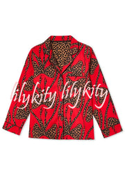 Stylish Colorblock Leopard Print Loose Shirt and Elastic Waist Pocketed Pajama Set