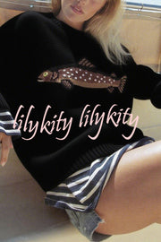 Fashionable Fish Pattern Round Neck Loose Knitted Sweater