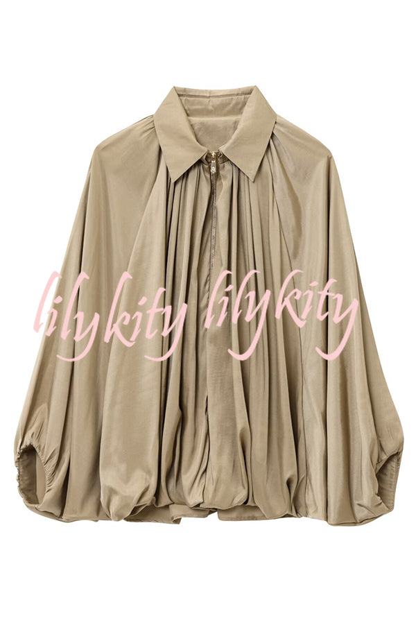 Fashion Lapel Loose Puff Long Sleeve Casual Zipper Jacket