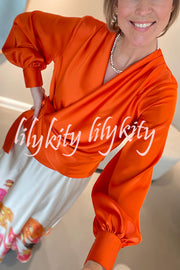 Satin Solid Color V-neck Tie Up Long Sleeve Loose Shirt