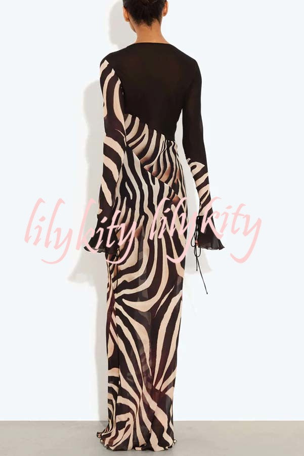 City Night Chiffon Colorblock Animal Print Tie-up Long Sleeve Maxi Dress
