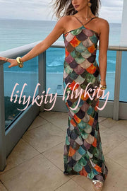 Little Mermaid Colorful Scales Print Halter Maxi Dress