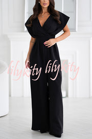 Solid Color V-neck Waist Casual Wide-leg Jumpsuit