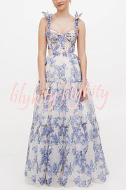 Fairytale Itself Organza Floral Print Tie Strap Maxi Dress