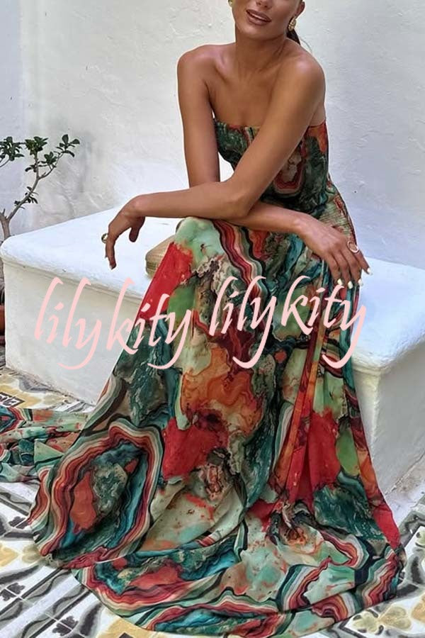 Vacay Vibes Colorful Lava Print Off Shoulder Smocked Scarf Maxi Dress