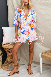 Viva La Travel Unique Print Loose Button Shirt and Elastic Waist Shorts Set