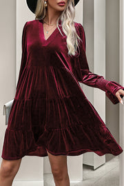 Solid Color Velvet V-Neck Long Sleeve Elegant Loose Mini Dress