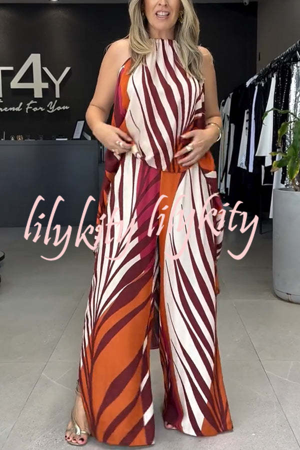 Edina Unique Print High Low Halter Loose Top and Elastic Waist Pocketed Wide Leg Pants Set