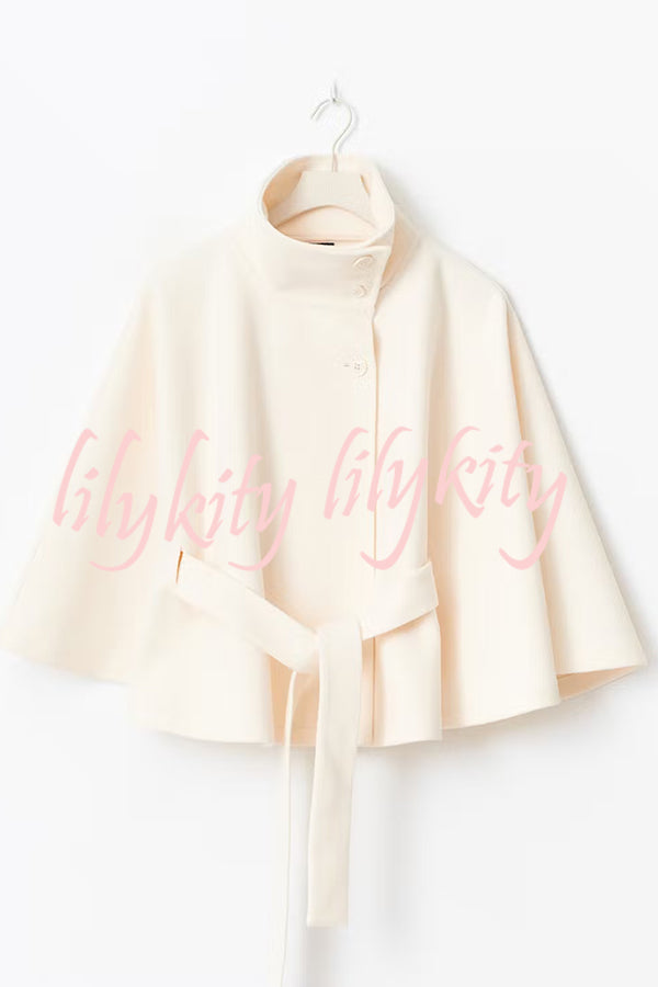 Fashionable Stand Collar Button Waist Tie Loose Cape