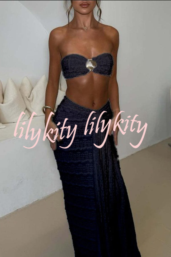 Fashion Metal Shell Embellished Sexy Bandeau and Elastic Tie Maxi Skirt Set