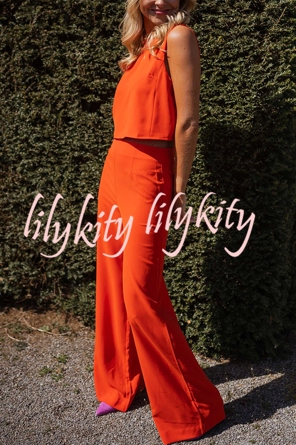 Modern and Elegant Solid Crop Tank and High Rise Flare Loose Pants Set