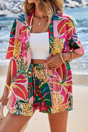 Unique Print Vacation Short-sleeved Cardigan Top and Elastic Waist Pocket Shorts Set
