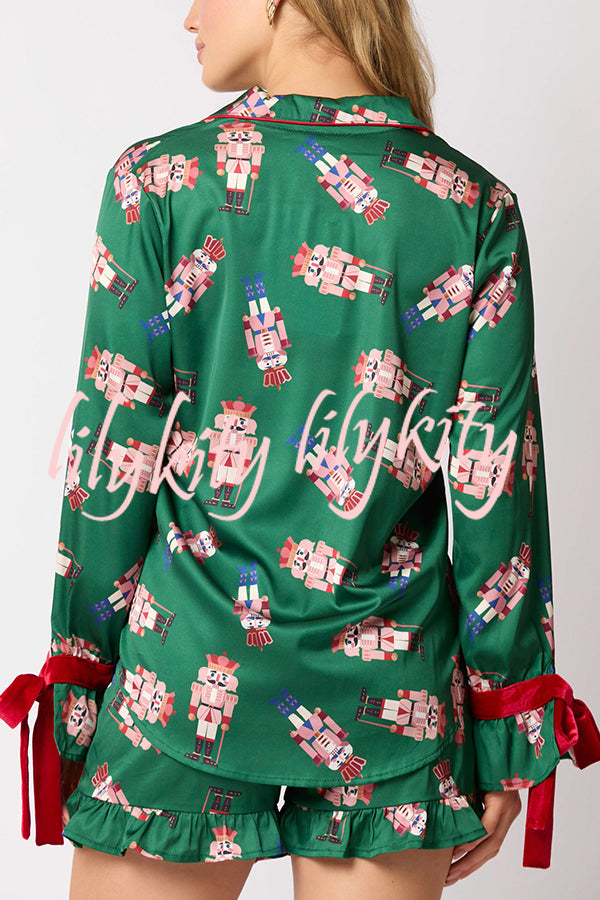 Christmas Fashion Printed Bow Tie Top and Elastic Waist Ruffle Shorts Set