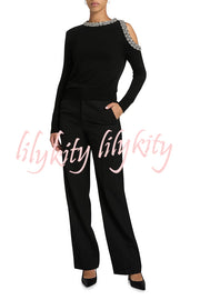 Holiday Party Knit Crystal-Embellished Cut-out Shoulder Long Sleeve Top