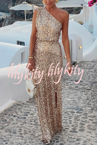 Santorini Night Sequin Fabric One Shoulder Slit Maxi Dress