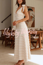 Solid Color V-neck Elegant Sling Lace Up Vacation Maxi Dress