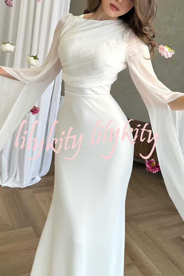 Liora Ruched Organza and Satin Patchwork Design Long Bell Slit Sleeve Maxi Dress