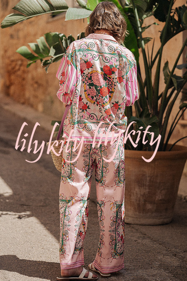 Floral Charm Unique Print Loose Blouse and Elastic Waist Pocketed Pants Set