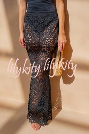 Balmy Summers Crochet Lace Floral Pattern Elastic Waist Fishtail Vacation Maxi Skirt