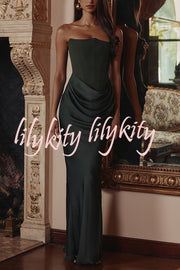 Attend The Gala Strapless Corset Satin Ruched Hip Drape Maxi Dress