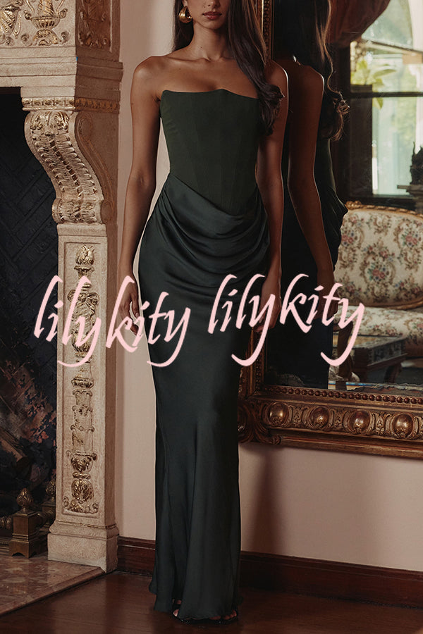 Attend The Gala Strapless Corset Satin Ruched Hip Drape Maxi Dress