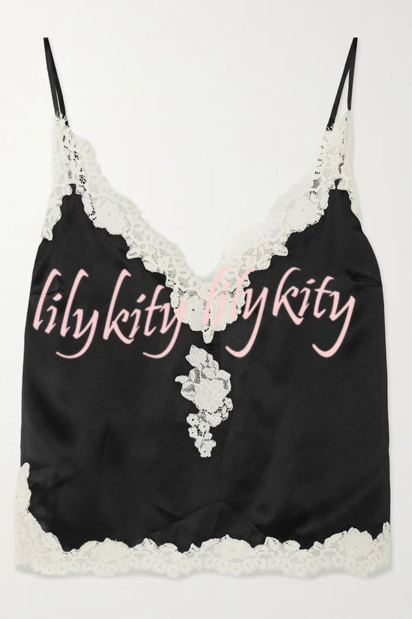 Celebration Look Contrast Color Satin Lace Trim V-Neck Slip Tank
