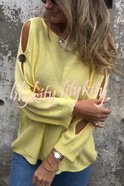 Solid Color Round Neck Hollow Long Sleeve Loose Knitted Sweater