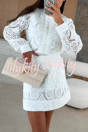 Unique Crochet Lace Long Sleeve Button Blouse and High Rise Skirt Set