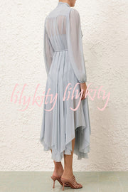 Elegant and Graceful Tie-up Neck Long Balloon Sleeve Handkerchief Midi Dress