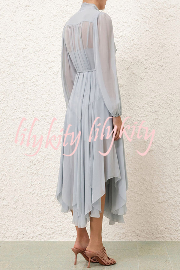 Elegant and Graceful Tie-up Neck Long Balloon Sleeve Handkerchief Midi Dress