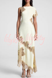 Paris Dream Satin Lace Trim Irregular Design Drape Maxi Dress