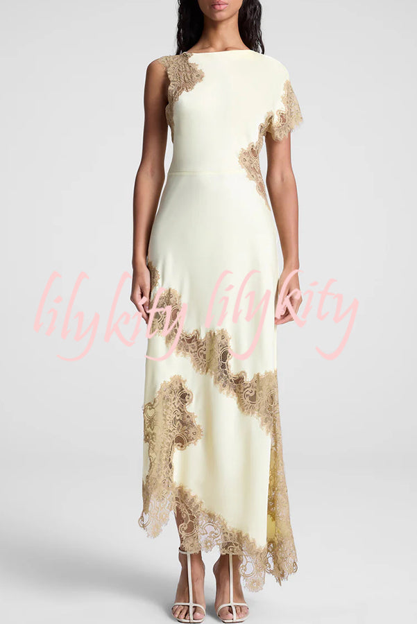 Paris Dream Satin Lace Trim Irregular Design Drape Maxi Dress
