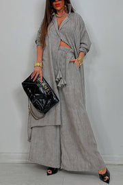 Solid Color Casual Loose Long Shirt and Elastic Waist Pocket Wide Leg Pants Set
