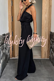 Fashionable Unique Look Halter Shirt Collar Pocketed Wide Leg Jumpsuit