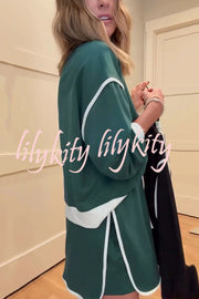 Fashion Round Neck Long Sleeve Spliced Casual Top and Elastic Waist Loose Shorts Set