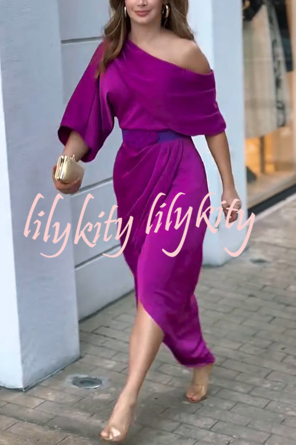 Whispered Yes Satin Irregular Lapel Neckline Design Ruched Maxi Dress